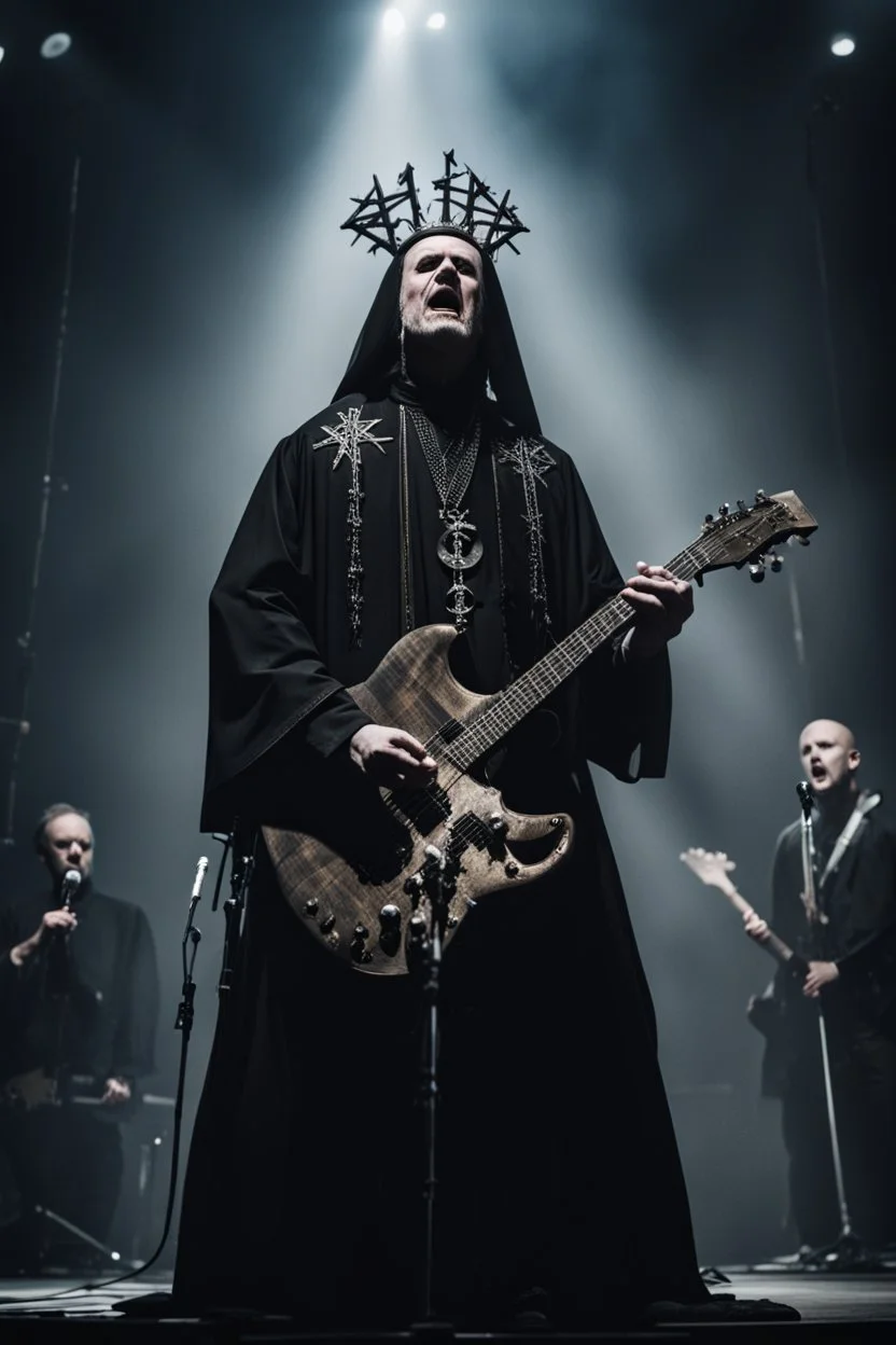 katolický biskup hraje na pódiu v blackmetalové kapale na baskytaru a řve do mikrofonu, ponurá atmosféra, veliká scéna koncertu, pentagram, obrácený kříž, veliký kontrast, hodně detailů, fotorealistické, RAW