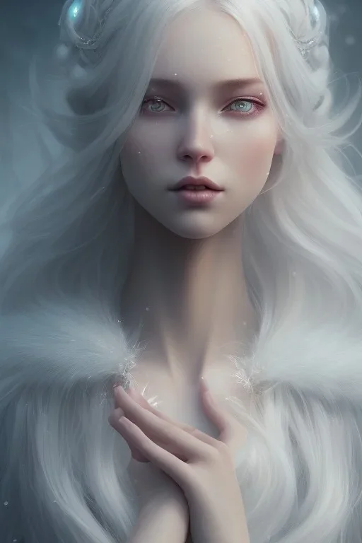 girl, cute, beautiful, snow queen, long hair, blue eyes, makeup, white hair, closed mouth, tilted head, front facing, long eyelashes, big nose, 8k resolution concept art portrait by Greg Rutkowski,