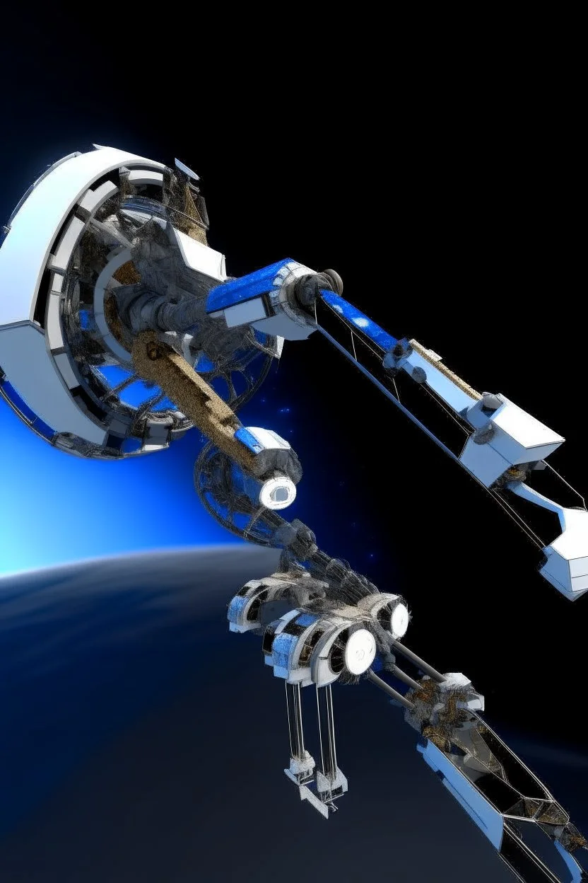 In a sci-fi starry sky background, a slender space flexible robotic arm with flexible joint is located on the satellite.The images have high resolution.