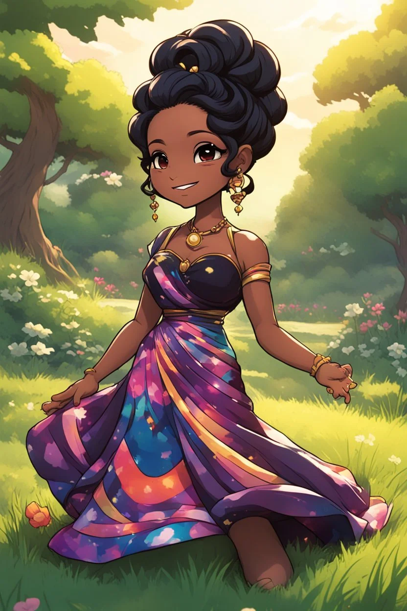 A comic book art image of a chibi black cartoon of a curvaceous woman with flowing black hair twisted up, wearing a colorful maxi dress. She sits relaxed on the grass facing the warm sunlight, which illuminates her face as she looks to the side with a small smile, accentuating her prominent makeup and brown eyes.