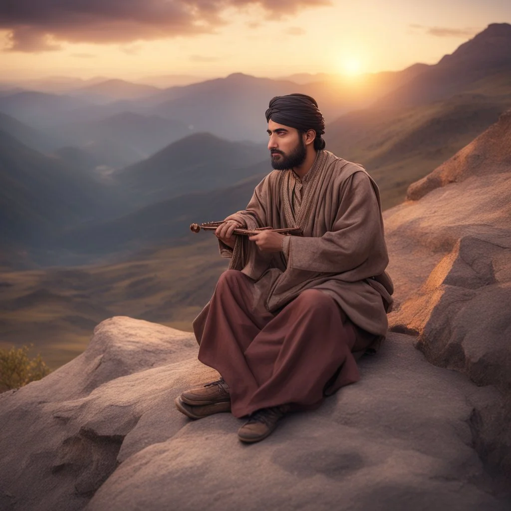 Hyper Realistic good-looking-young-pashto-man playing traditional-instrument sitting on mountain at beautiful cloudy sunset with dramatic & cinematic ambiance