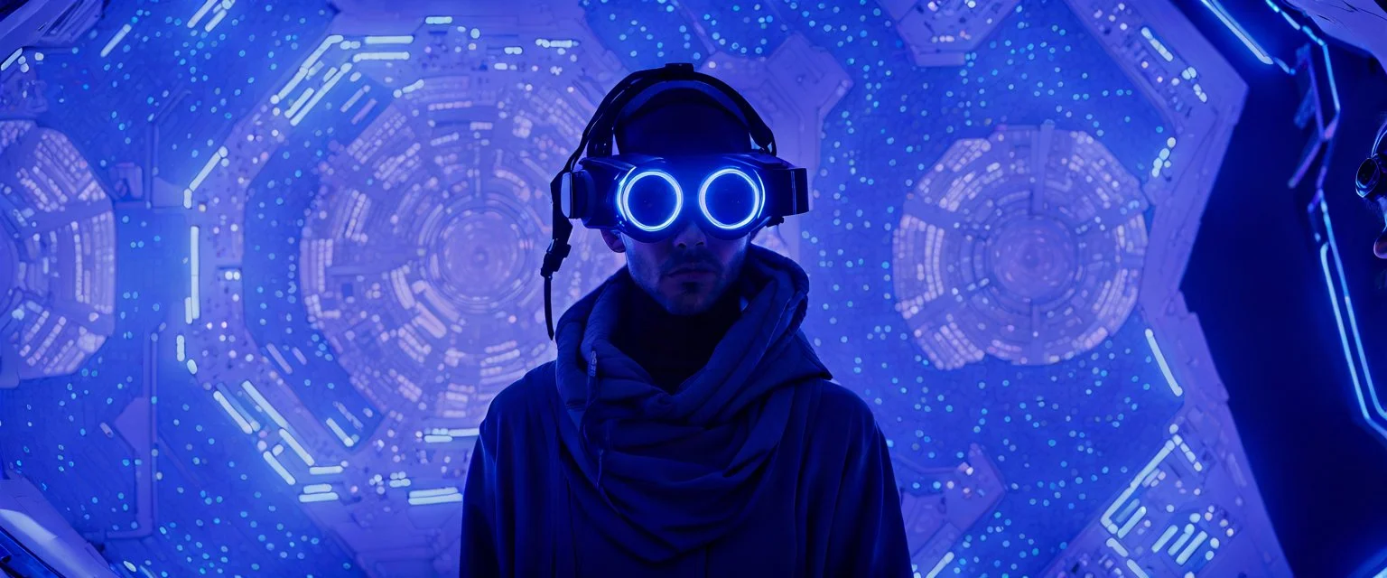 A prodigy in cyber-navigations, Terra Byte uses their unique skills to manipulate digital space and create virtual ecosystems that serve as sanctuaries from the harsh cyberpunk reality. Draped in garments seamlessly integrated with camouflage tech, and goggles perpetually projecting data streams before his eyes, imperfection, natural lighting, cinematic, Fuji Film, Anamorphic lens, 2040s, deep depth of field, Solarpunk