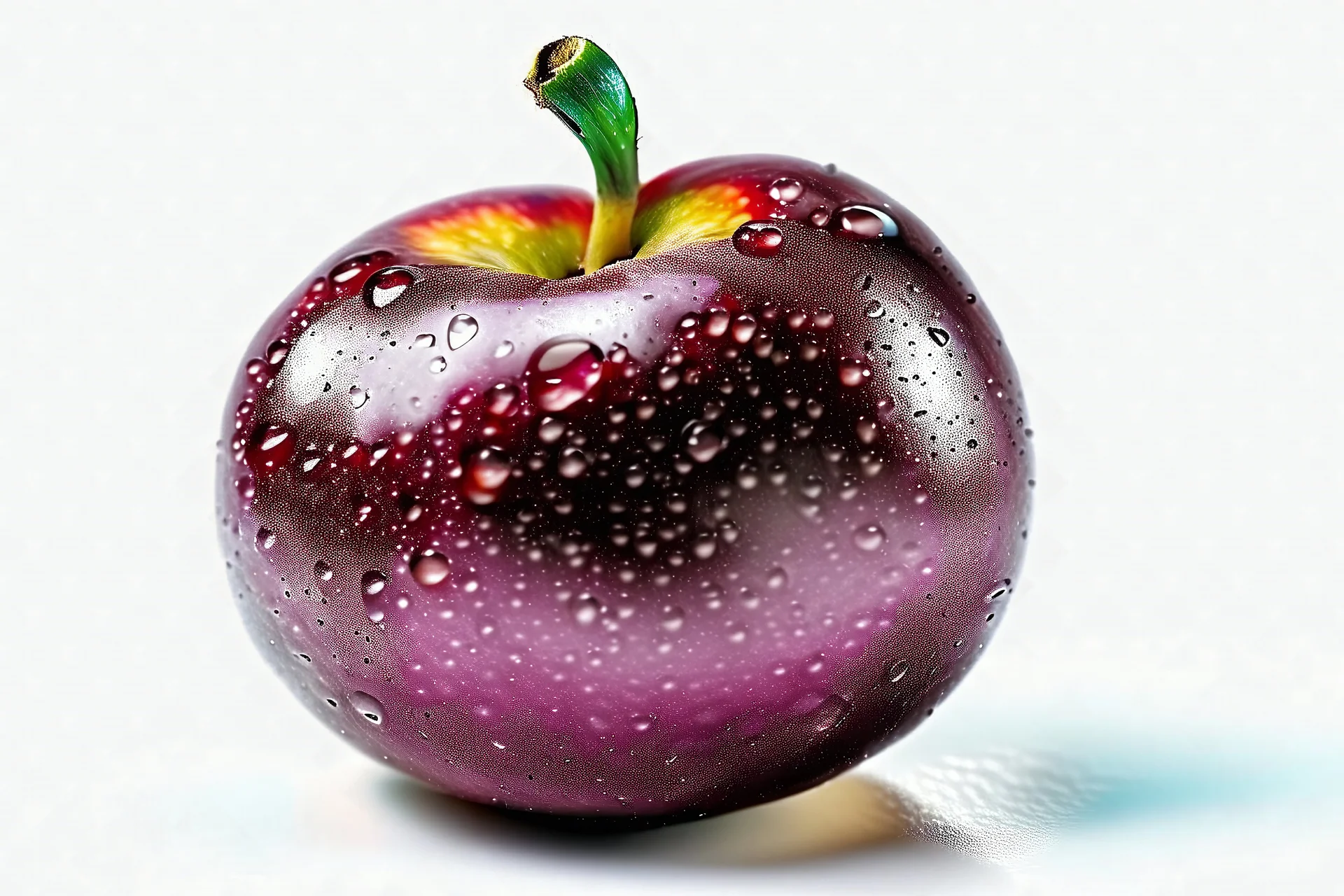 a real plum with a perfect texture dewy with water drops on a white background