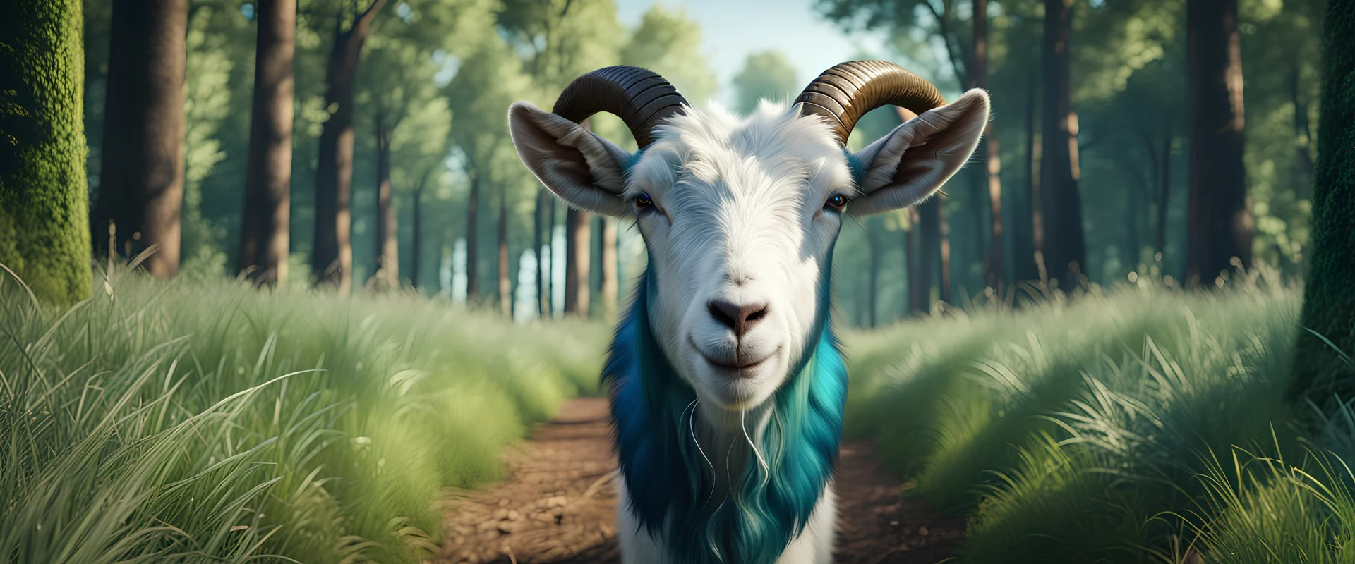 High-end hyperrealism epic cute goat chewing grass, inspired cinematic photography, symmetry forest alley background, Aesthetic combination of metallic sage green and titanium blue, Vintage style with brown pure leather accents, Art Nouveau visuals with Octane Render 3D tech, Ultra-High-Definition (UHD) cinematic character rendering, Detailed close-ups capturing intricate beauty, Aim for hyper-detailed 8K