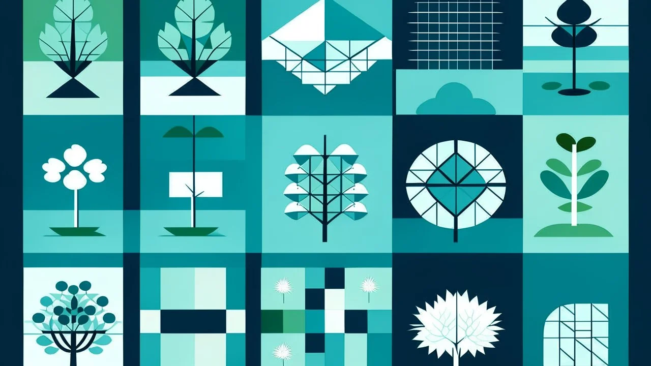 A icon set of a garden with a lake made of geometric forms. Style is russian suprematism. Colors are light blue, dark green and light grey.