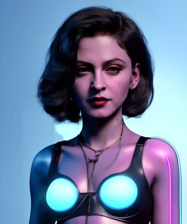 Artist, young madonna, android woman, sweet, black short hair, white skin, long eyeliner, color make-up, color leds lights, short hair, circuits, cyberpunk, latex coat, feather, cyber punk, neon, cables, portrait, studio photo, unreal engine 5, soft color, 16 bit, god lights, ray tracing, RTX, lumen lighting, ultra deatail, volumetric lighting, 3d, finely drawn, hd.