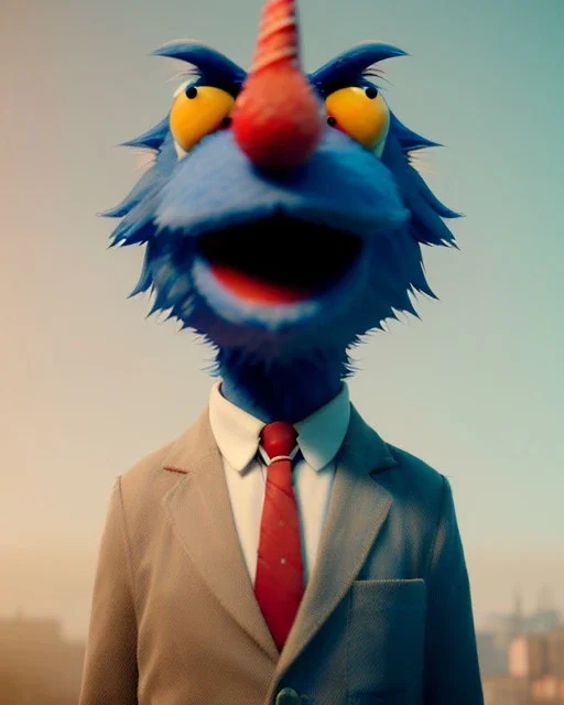 hybrid character, Sesame Street muppet head with body man, police dress, Wes Anderson style, concept art, smooth, unreal engine 5, god lights, ray tracing, RTX, lumen lighting, ultra detail, volumetric lighting, 3d.