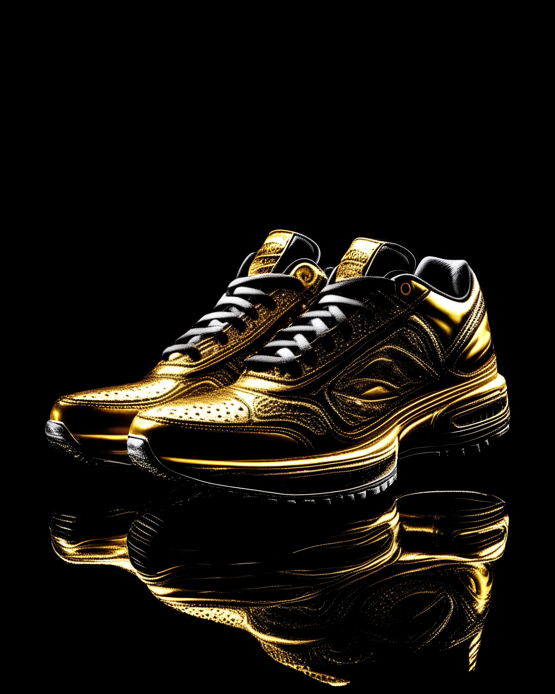 a sneaker made out of gold, black background, studio lighting, high fashion photography