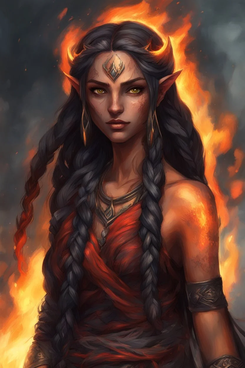 Fire Eladrin druid female. Hair is long and bright black half braided and half down and fire comes out from it. Eyes are noticeably red color, fire reflects. Hold fire from both hand . Has a big scar over whole face. Skin color is dark