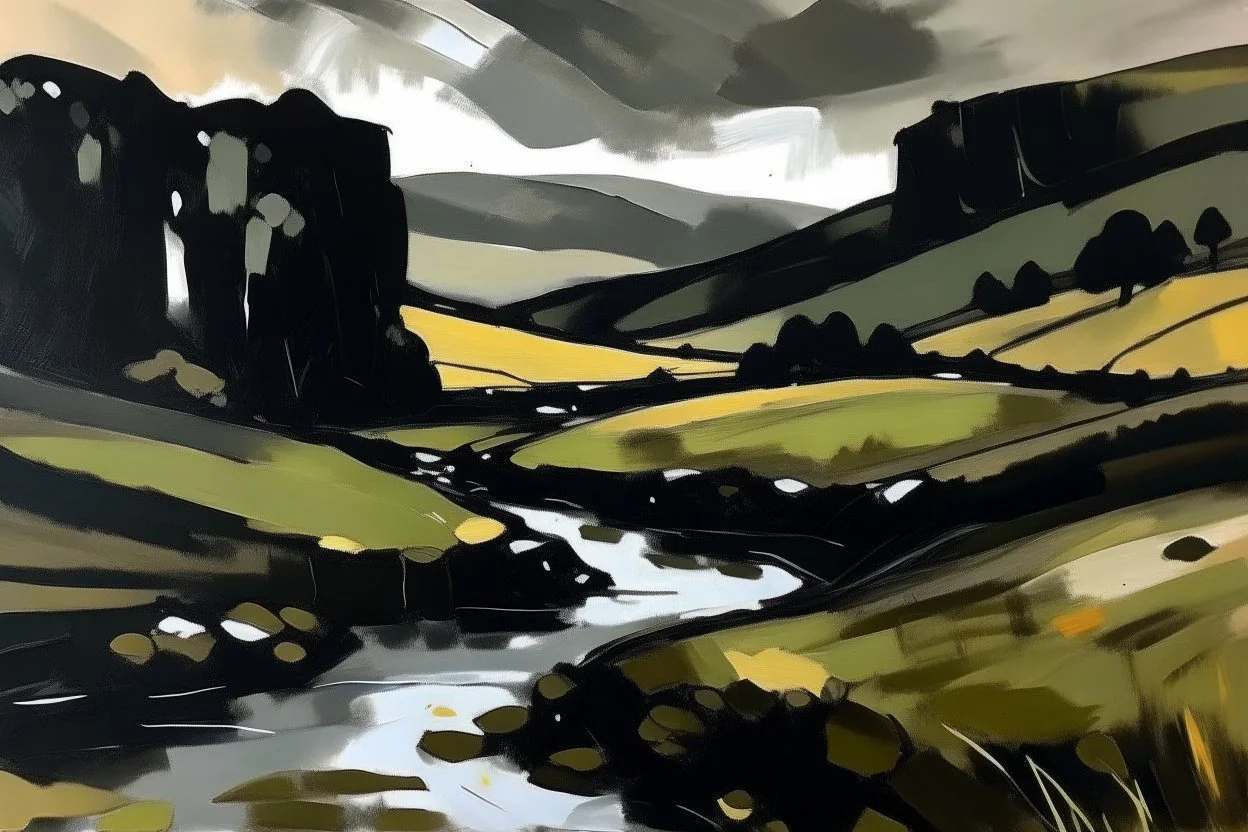 Yorkshire dales in the style of kyffin Williams