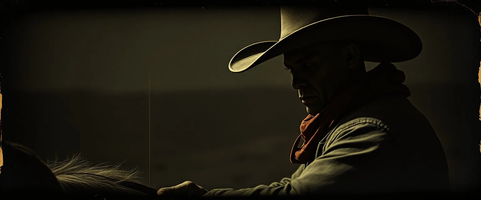 STYLE: gritty 19th-century gothic photography, Zdzisław Beksiński surrealism, Caravaggio chiaroscuro, tactile analog grain, pinhole-camera softness, heavy vignetting, scratched emulsion, rugged irregular photo border. SCENE: alien cowboy, completely absorbed in the mundane task.