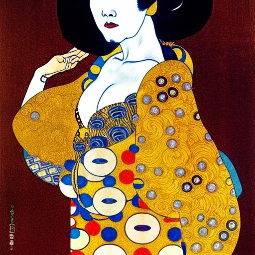 Retrato de cuerpo entero de una Geisha bella voluptuosa vestida estilo de Gustav Klimt