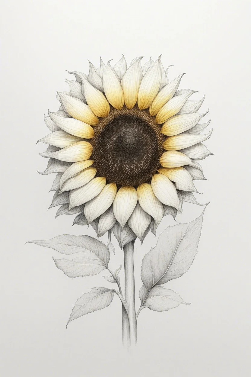 A Minimalist white ink pencil and white drawing of white and very light yellow in the center a sunflower in a white background