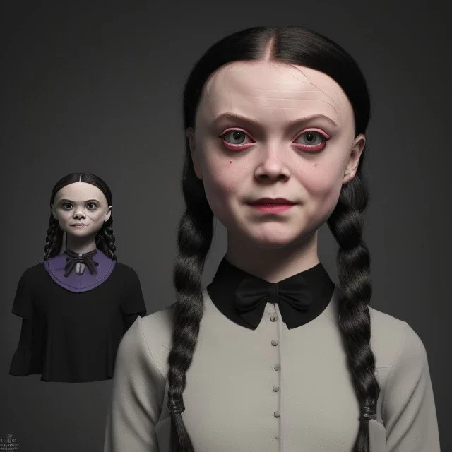  Greta Thunberg as wednesday addams black dress,soft goth libstick, wednesday addams make up, overknee socks, dramatic lighting, highly detailed oil painting, volumetric lighting