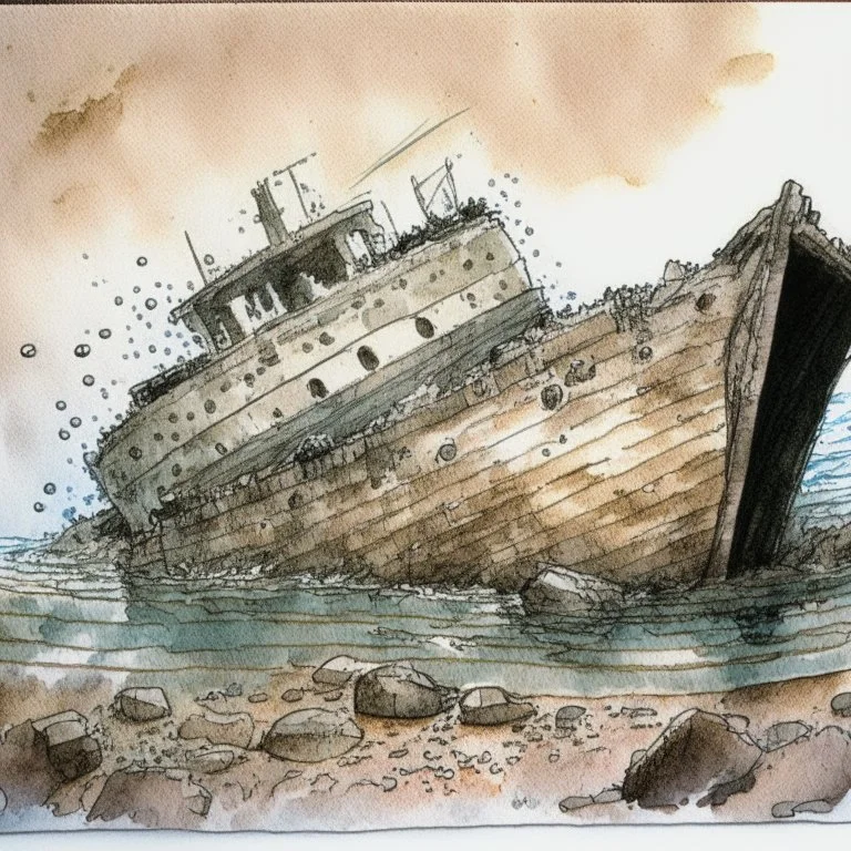 Artmarker, copic marker drawing of a sunken ship.