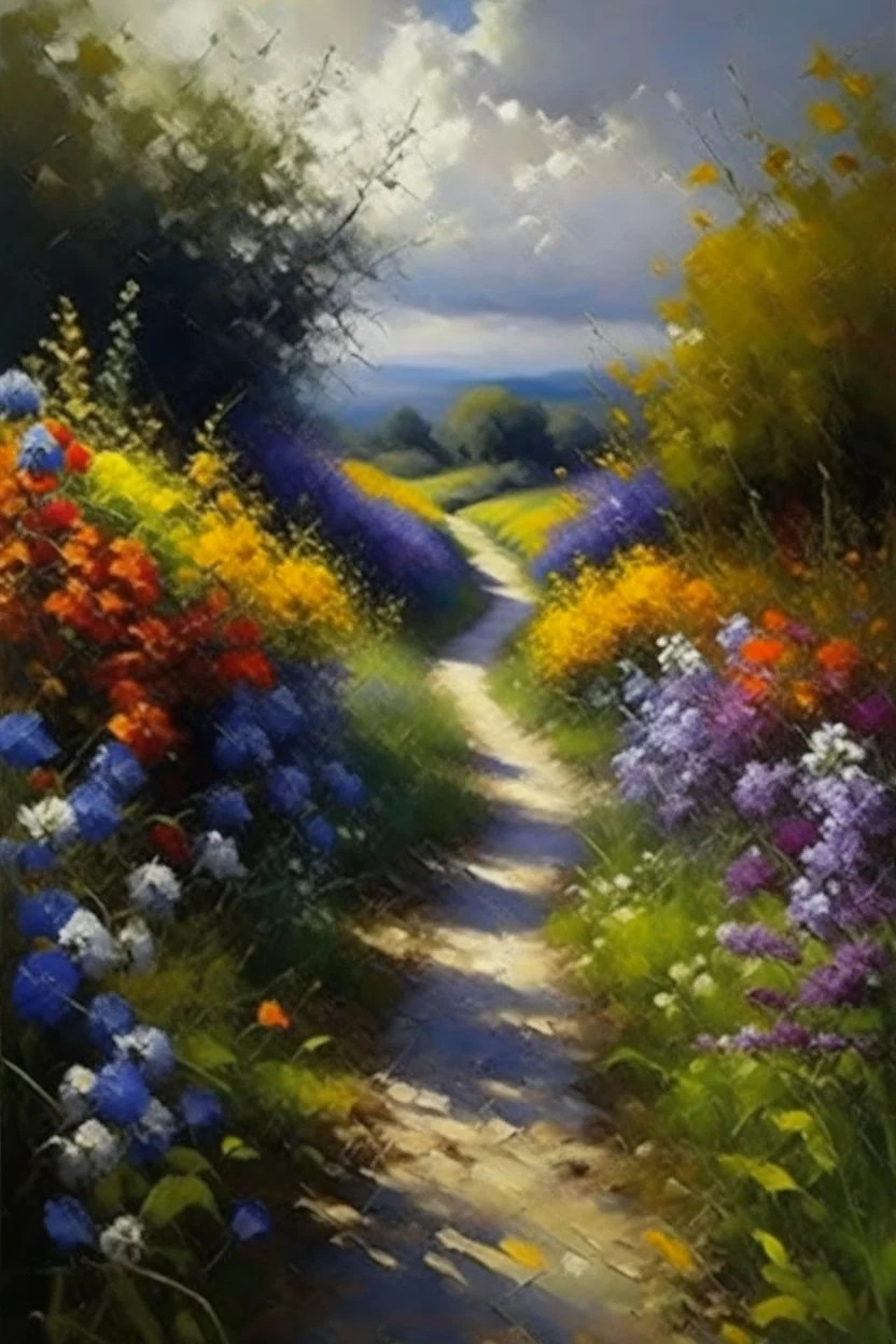 Oil painting expresses a road full of beautiful flowers and around this road thick thorns oil painting