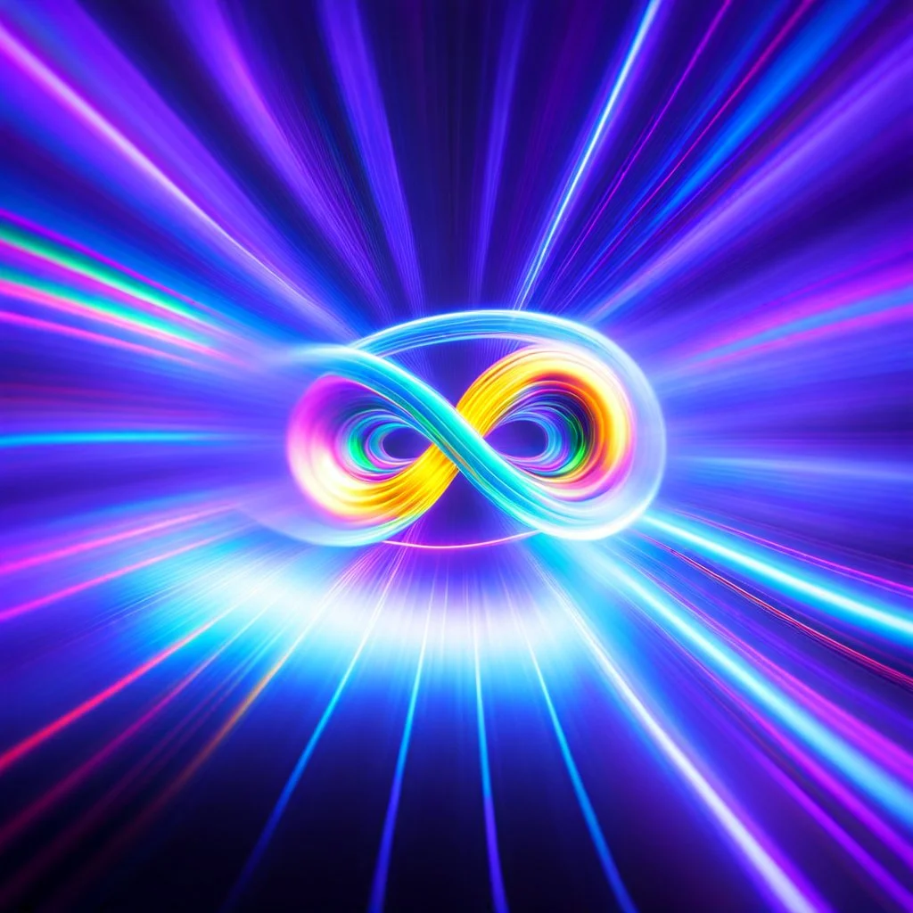 infinity symbol brightly coloured ∞ moving at warp speed, colours from infinity flowing through image with speed, DSLR with a 80mm lens, set to f/16 and a slow shutter speed of 1/15s, striking, neon, chiaroscuro, dramatic, captivating, powerful, fantasy, beautiful, octane render, 16k post-production, artstation: award-winning: atmospheric: commanding: fantastical: clarity: ultra quality: striking: brilliance: stunning colors: amazing depth; lens: f/11, 35mm