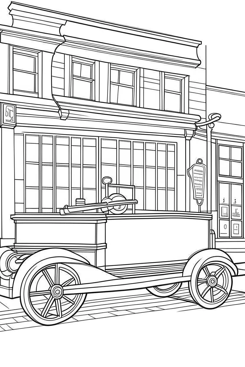 Outline art for coloring page OF A 1943 PULL TOY IN THE UNITED STATES IN FRONT OF A STORE, coloring page, white background, Sketch style, only use outline, clean line art, white background, no shadows, no shading, no color, clear