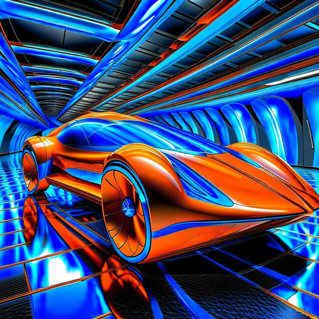 award winning car and driver photograph of a futuristic station wagon designed by only one vehicle per image painted metallic orange traveling at a high rate of speed, jet intake off of front center of vehicle and jet exhaust out the rear with bright blue flame, bilaterally symetrical, more a high speed road vehicle