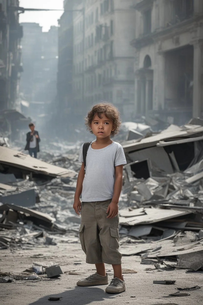 A hyper-realistic,A lone child stands in the middle of a destroyed city, their cries of despair echoing through the empty streets., full size ,Photo Real, HOF, full size, practicality,manufacturability,performance, (((realism, realistic, realphoto, photography, portrait, realistic, elegant, charming, , professional photographer, captured with professional DSLR camera, trending on Artstation, 64k, ultra detailed, ultra accurate detailed, bokeh lighting, surrealism, Thomas Kinkade backgroun