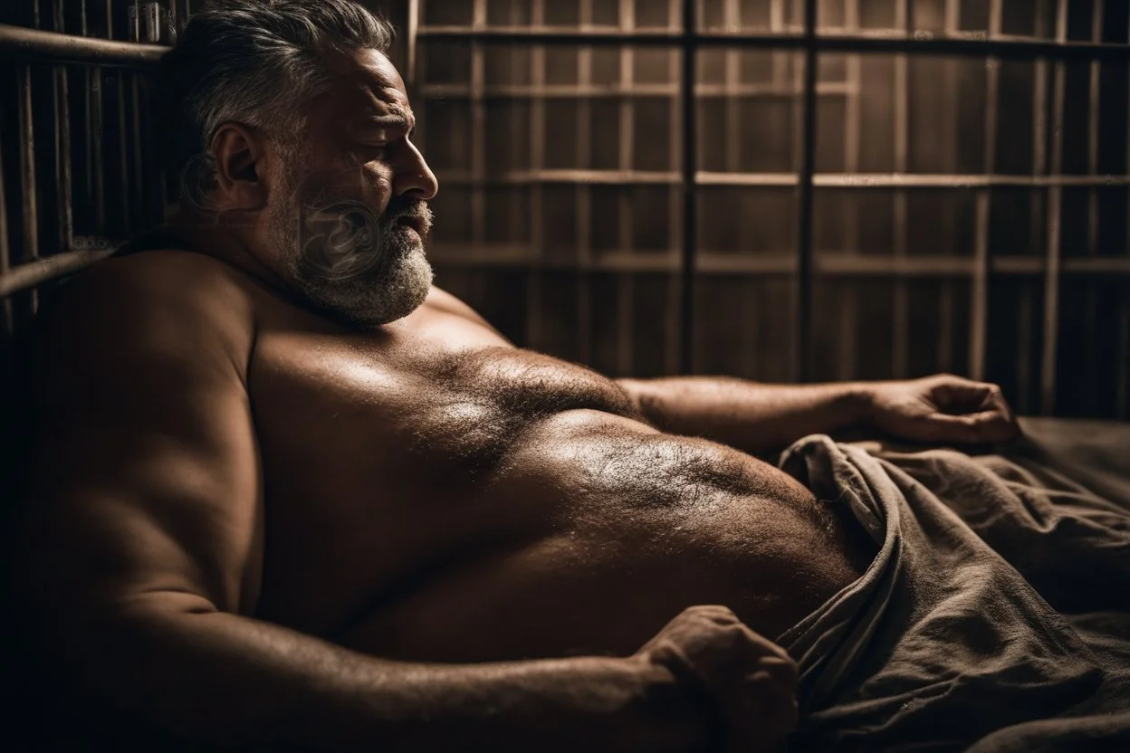 close up photography of a sweat dirty marocan prisoner in cell sleeping lying down on a bed , manly chest, shirtless, muscular strong chubby 56 years old, low lights, ajar mouth, long beard, misery and poverty, dim light enters from a skylight above, lights from above, photorealistic, ambient occlusion, aerial view