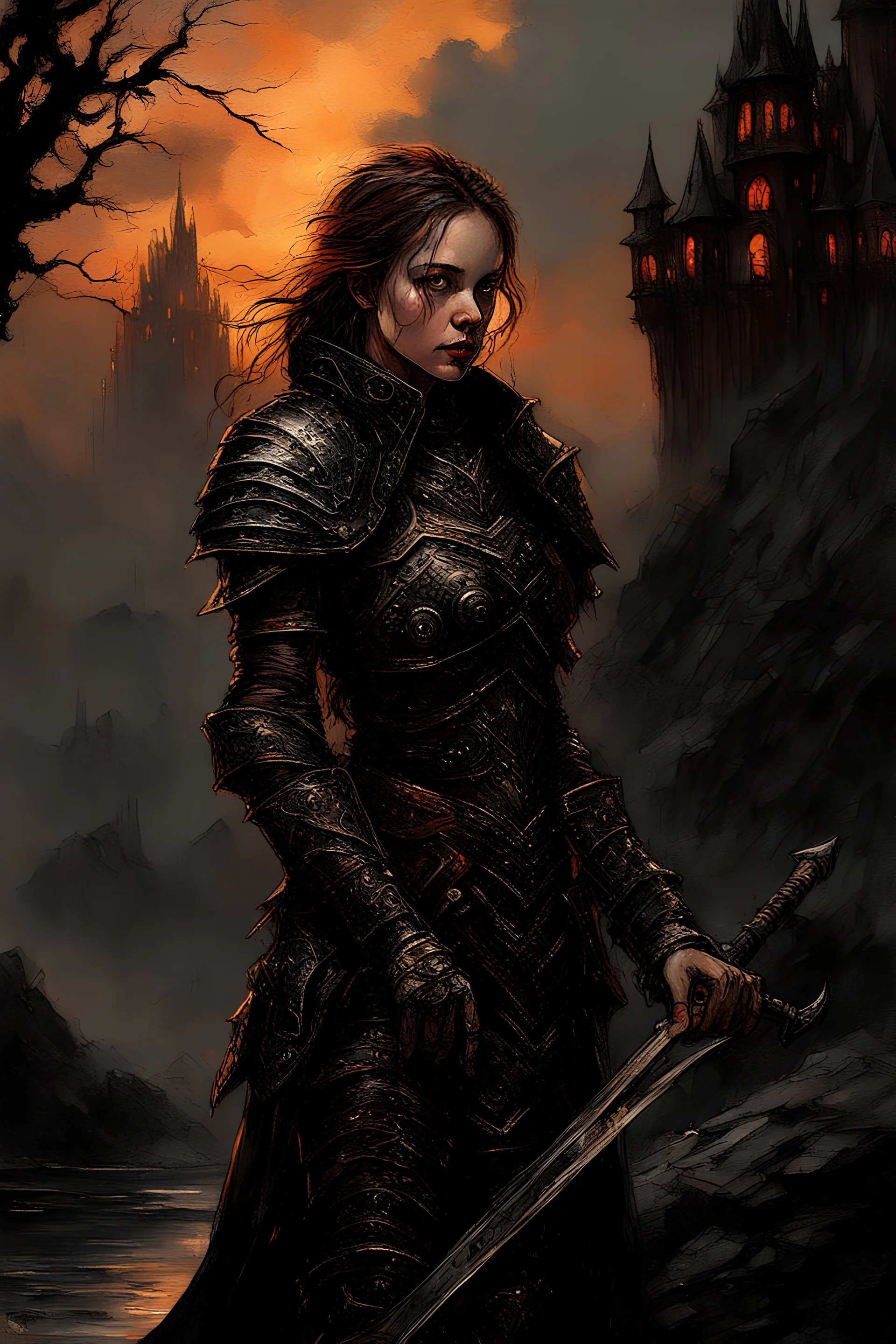 A formidable warrior girl in black armor, on the background Amazing gloomy landscape, flooded with sunset, mountains, trees, fabulous scary hero, , juicy emotions, painting, dark fantasy, gloomy day, dark world, portrait, Gothic Town At Night, Fantasy, Intricate Details, Castle Courtyard Gardens, Hyper Detailed, Jean Baptiste Monge, Carne Griffiths, Michael Garmash, Seb Mckinnon, Masterpiece