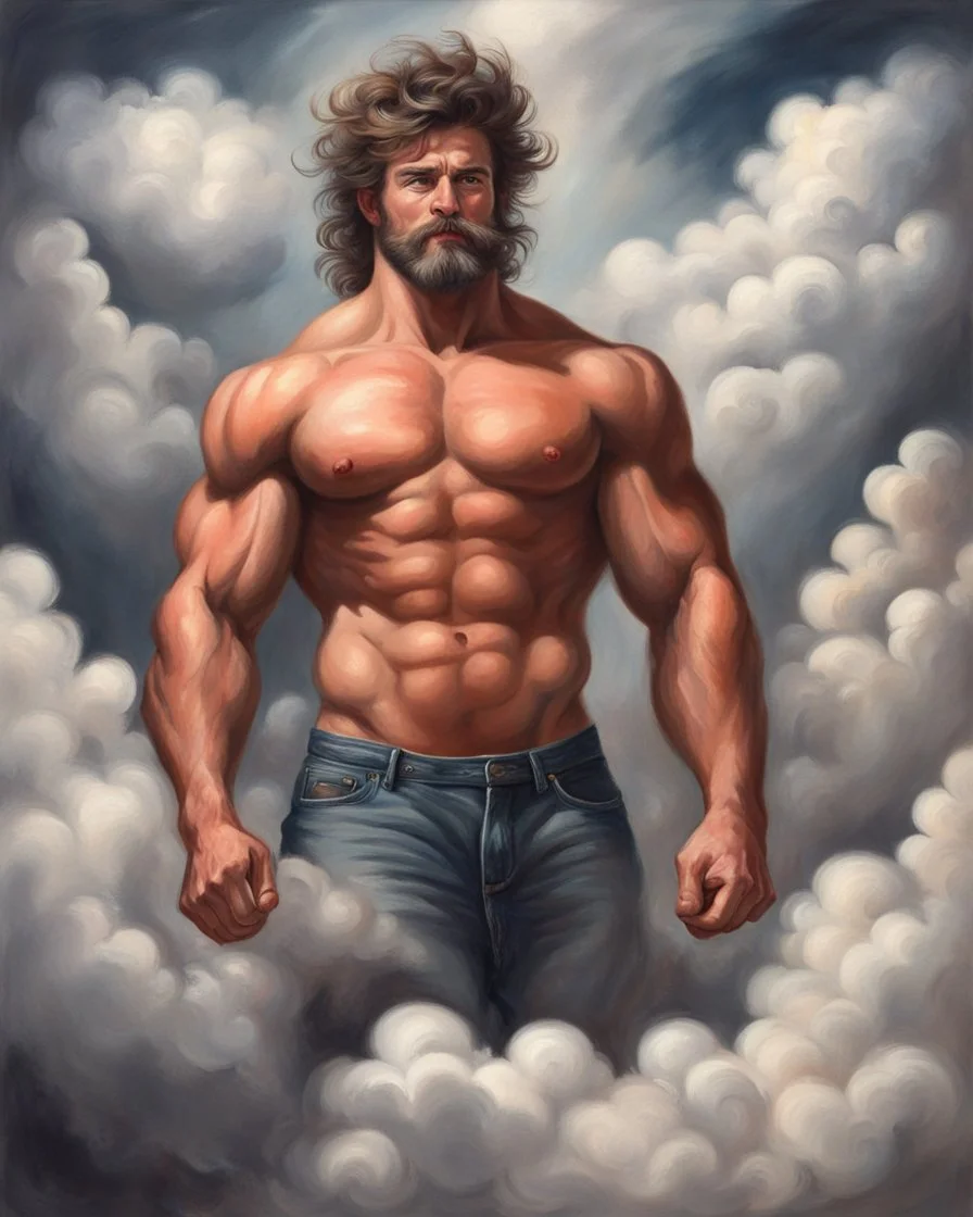 hairy muscle man like a top model in clouds. 19th painting