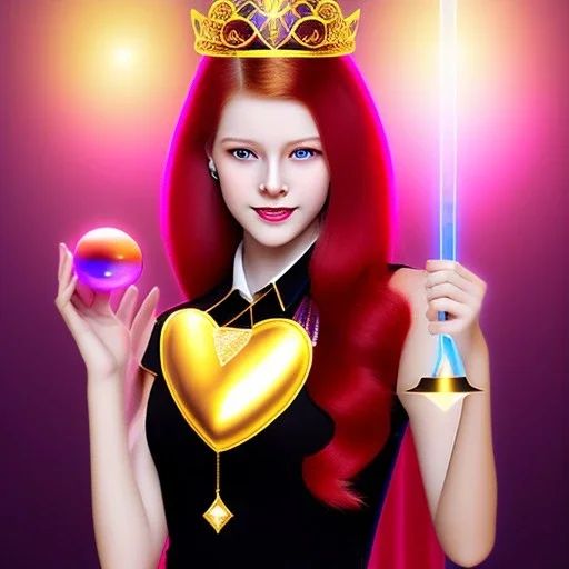 Attractive young teenage girl with golden red hair wearing a gold tiara, who is dressed like a witch casting a spell holding a red heart gem, she has cat ears and open dazzling blue eyes, in the background there are abandoned pillars, the girl is on a planet, black black girl dress, full body portrait, arm colors gradient effect into stars, rendered, unity 3d, unreal engine, dslr, hdr, 4k, edited, photorealistic, normal number of appendages, freckles, artists render