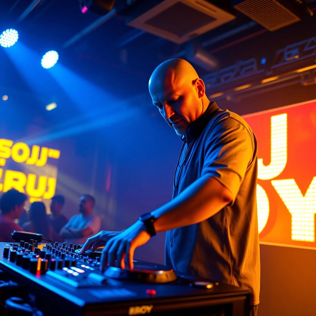 A dj on a night rave club standing mixing songs , he looks like the actor Bryan Cranston, bald man. strobes and blue yellow light, a big sign with "DJ ROY" in the background, this is a album cover for his dj roy analisentials album.