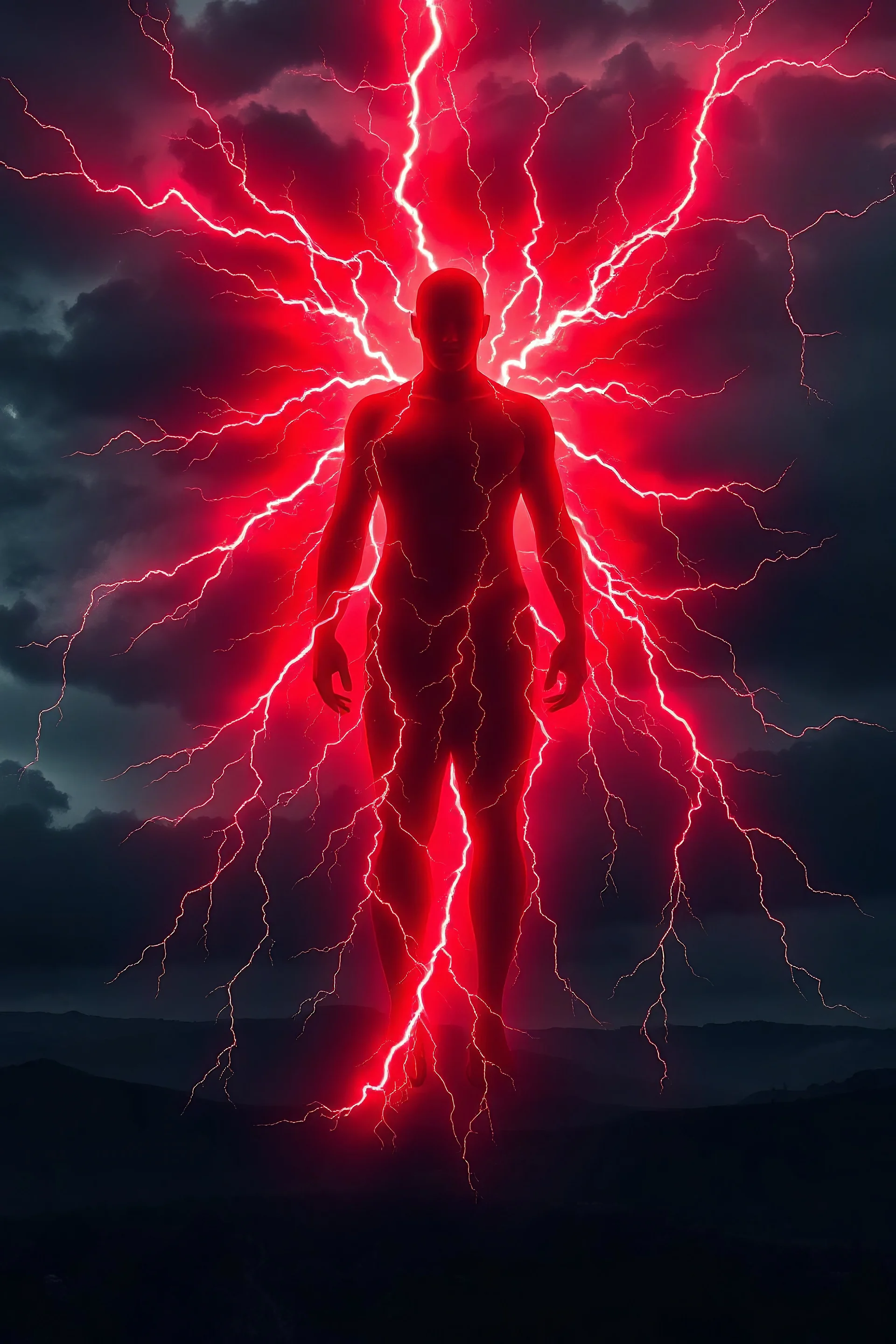 An image of a Black person enveloped in bright red lightning, standing majestically above the world. Their figure is powerful and imposing, with lightning crackling and glowing around them, creating a dramatic atmosphere. In the background, a dark stormy sky with heavy black clouds is illuminated by flashes of lightning. Below, a landscape is shrouded in shadows, emphasizing the strength and mystical nature of the central figure