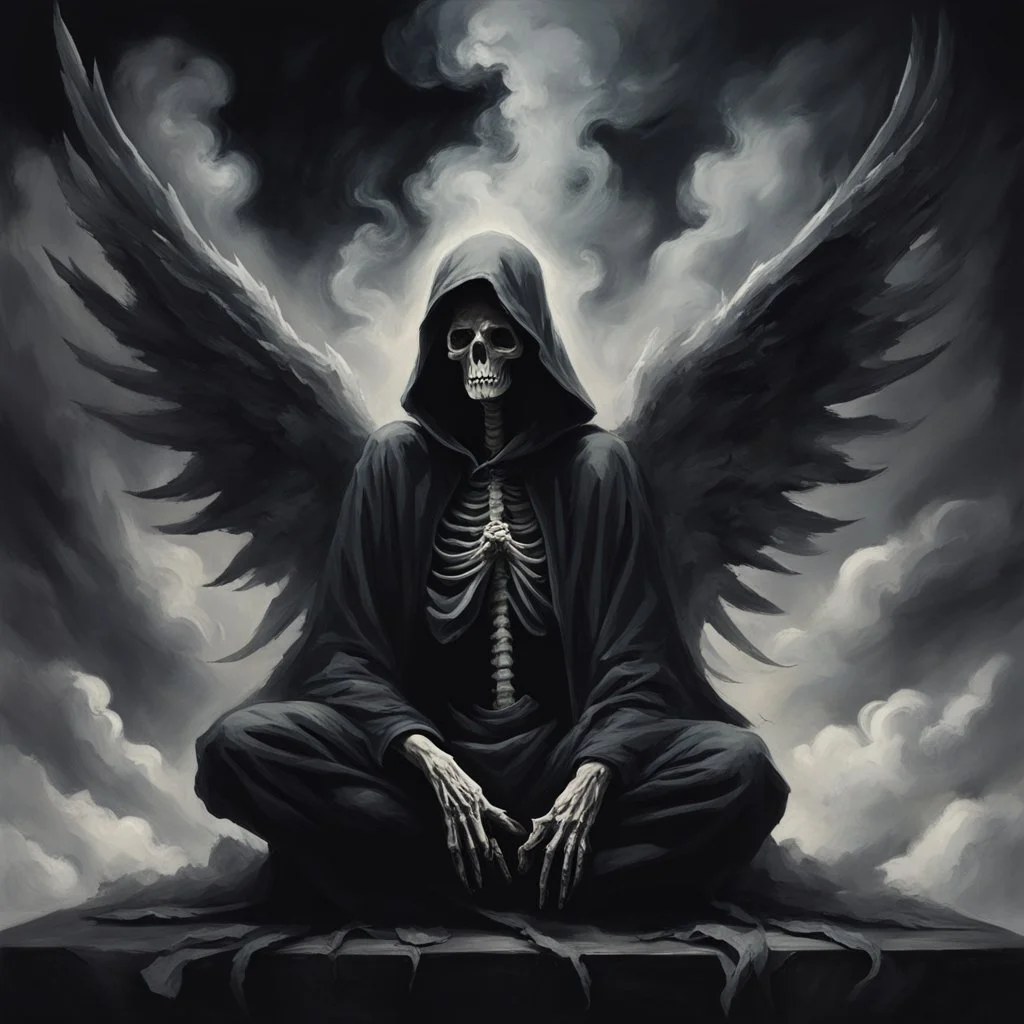 person sitting on a dark background. The dominant colors are black and gray, which give the scene an ominous and mysterious character. The person has their face turned upwards and blows cigarette smoke from their mouth, which enhances the impression of intrigue. It depicts a figure with wings emerging from its back, as if transforming into some supernatural creature. a hooded skeleton can be seen behind the clouds of smoke. he holds a scythe in one hand and a touch person in the other