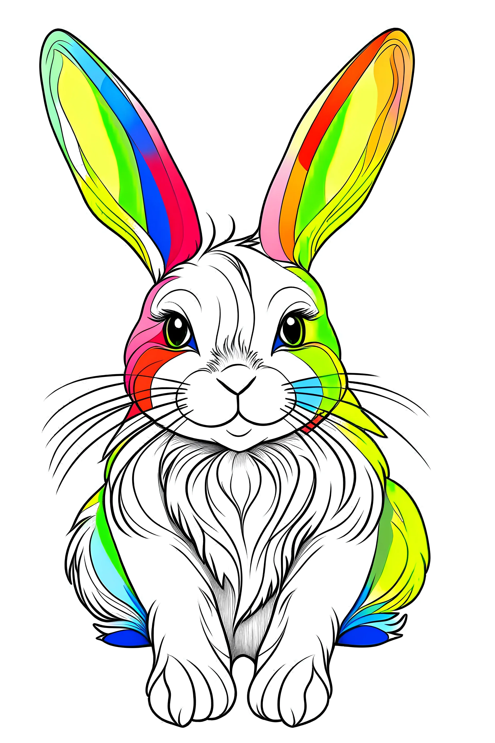 Outline art for cute Halloween colouring pages with rabbit, white background Rainbow Rabbit": A playful bunny with a rainbow-colored fur pattern, waiting to be brought to life with your favorite hues.