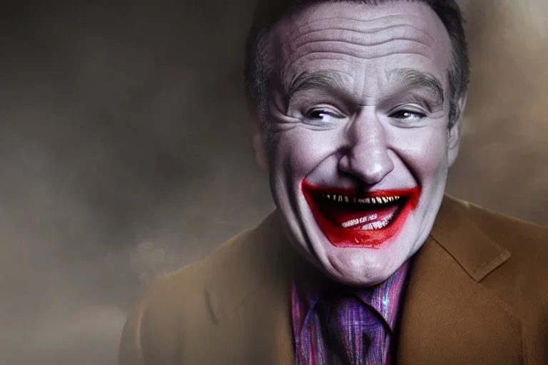 Robin Williams as the joker from dc comics, dramatic light, close up, smoky background, high detail, cinematic, vignette