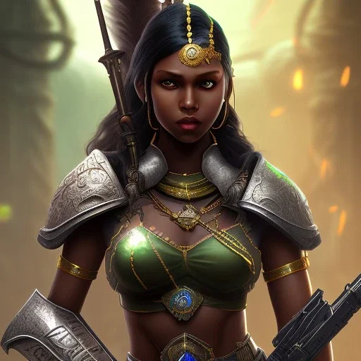 fantasy setting, insanely detailed, dark-skinned woman, indian, black hair with one green lock, warrior, mage