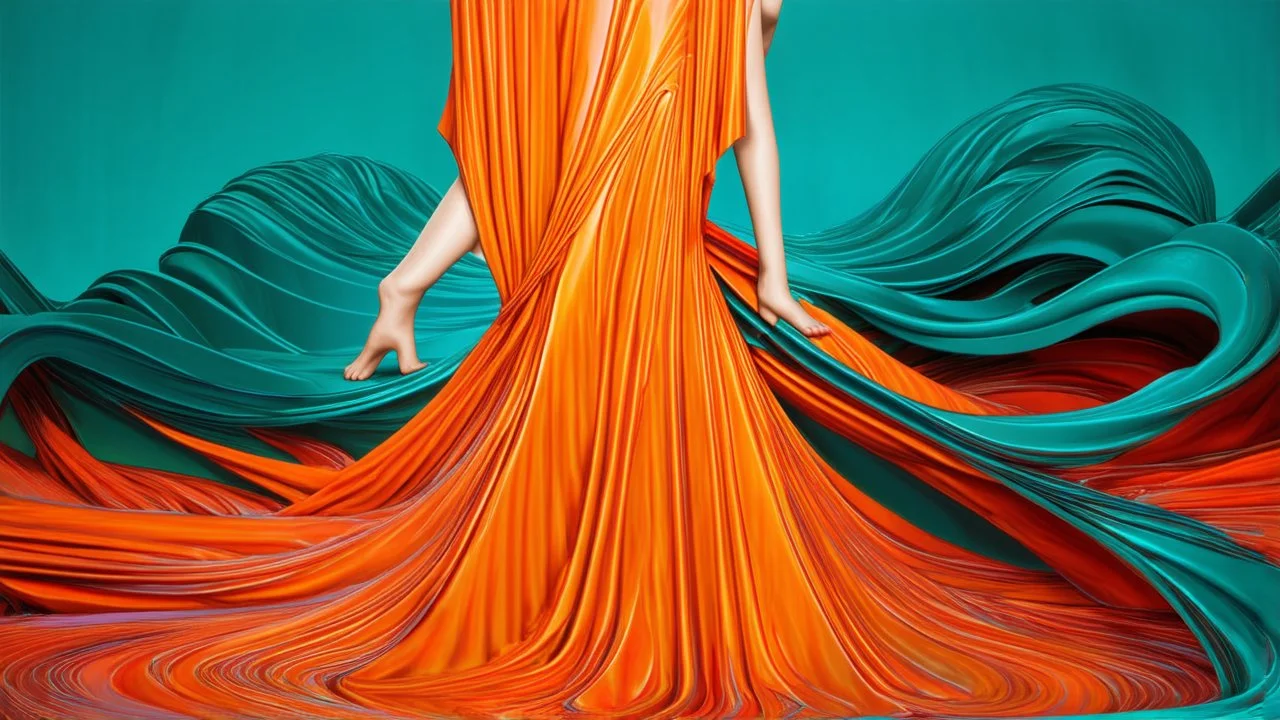 modernist style, a surreal scene depicting a figure that appears to be melting and reshaping, with intricate details of flowing fabric in vibrant orange and teal, capturing the essence of morphing, art nouveau, soft colors