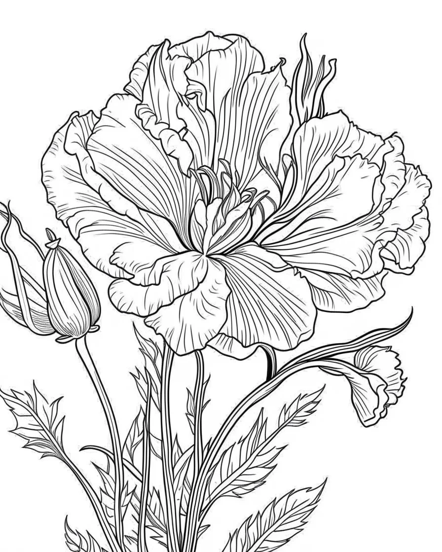 real massive only Lisianthus flower, coloring page, no leaves, full body (((((white background))))), only use an outline., real style, line art, white color, clean line art, white background, Sketch style