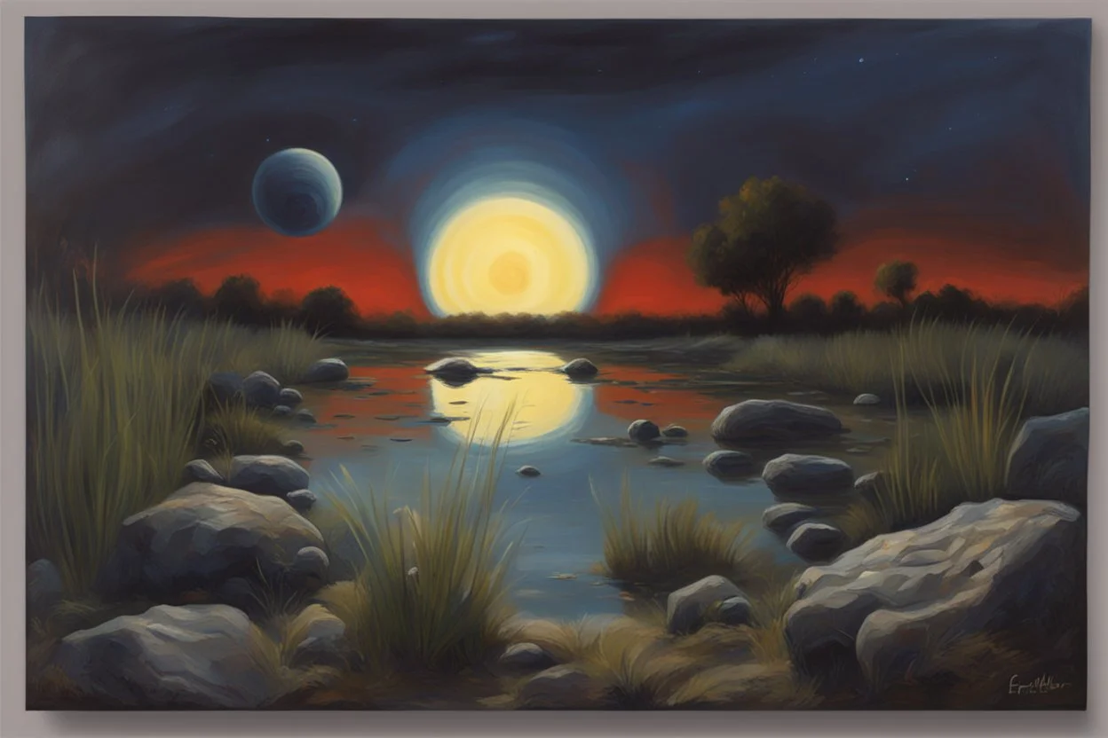 Dark blue sky with one exoplanet in the horizon, rocks, puddle, weeds, sci-fi movies influence, epic, ernest welvaert, and charles leickert impressionism paintings