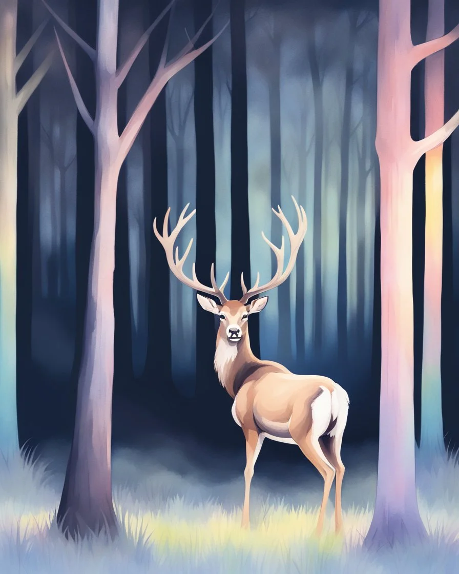 night, deer with antlers standing sideways, looking at viewer, realistic water color painted, among light colored tall simplified tree trunks, foggy, Easter Spring pastel colors, colorful, dark background