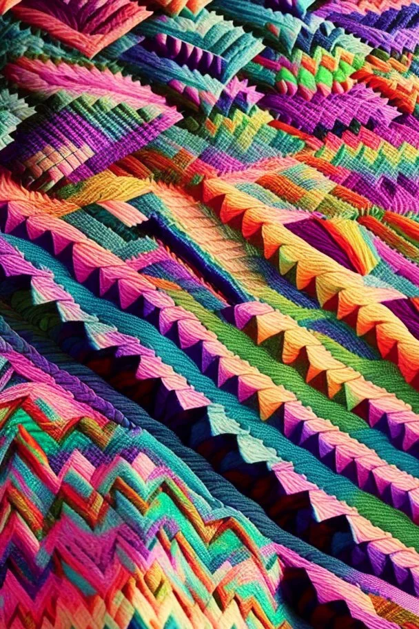 Day dawning skin crawling; insanely detailed zigzag quilt made of alternating colors of yarn; colorful; pastels