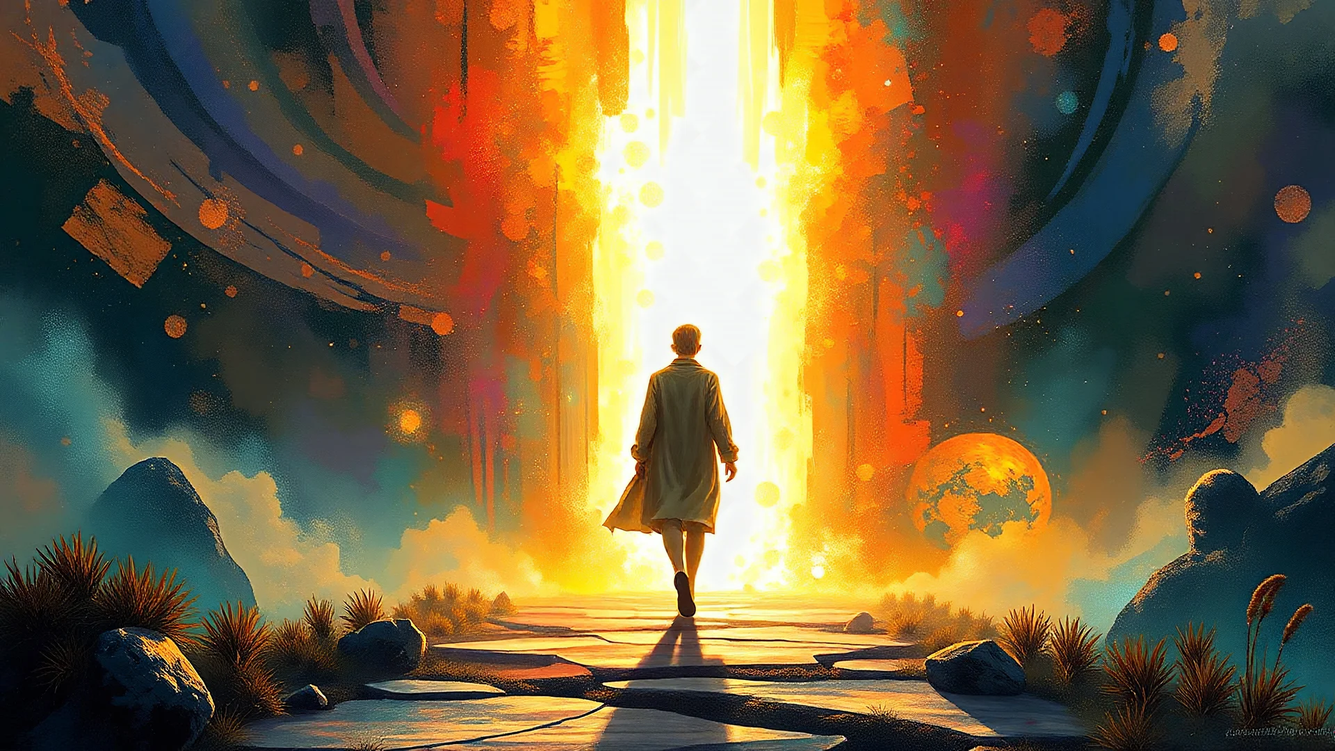 Prompt: "A figure walking through a portal of light, transforming into a glowing, higher version of themselves as they emerge on the other side into a vibrant, otherworldly landscape full of possibilities."