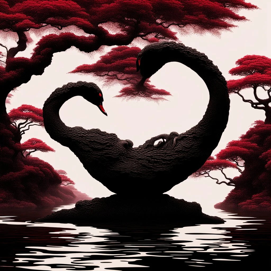 ying yang aesthetic, downy black swan dark bonsai tree silhouette, by David Seidman, Noir, fantastical oil matte painting, datamoshing, creepy, fung shui flow, epic masterpiece, violent colors, melting crimson tones.