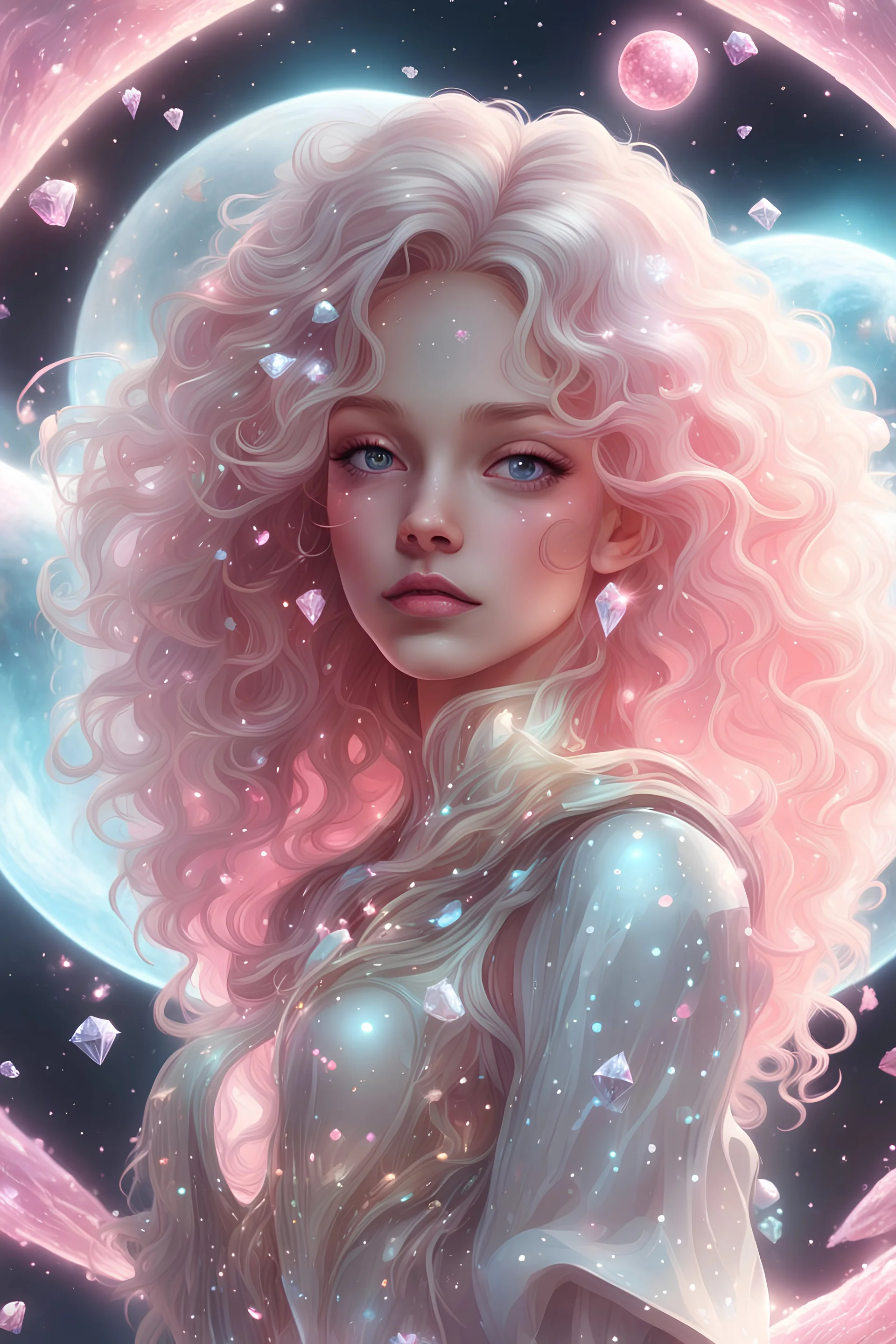 glittering diamond planet. glitter rain and silver comets. pink cosmic magic. pink stardust. faedyx. seven moons and guarding spirits. pixel hearts. neon portals. reflections and dimensions. ethereal pastel colors.planet made of diamonds. white angelic curly hair. porcelain Angel face. space outfit.