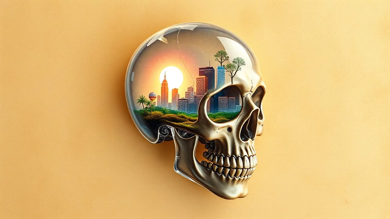 old worn paper, plain contrast background, crystal transparent Skull with city and plants inside, backlight inside, 8K, high detail, hyperrealism, high resolution, bright colors, ART illustration