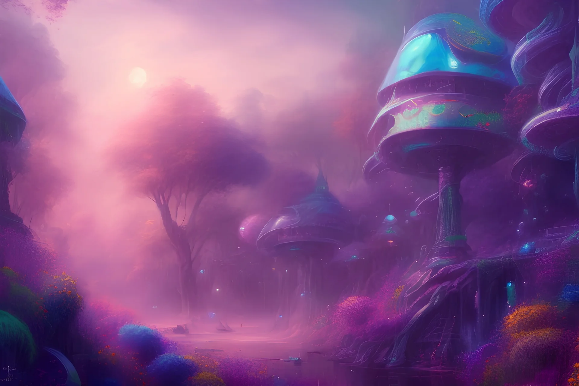 a psychedelic heaven, vibrant color scheme, highly detailed, sharp, romanticism, cinematic, concept art, 4k, 8k, trending on art station, purple and blue tones