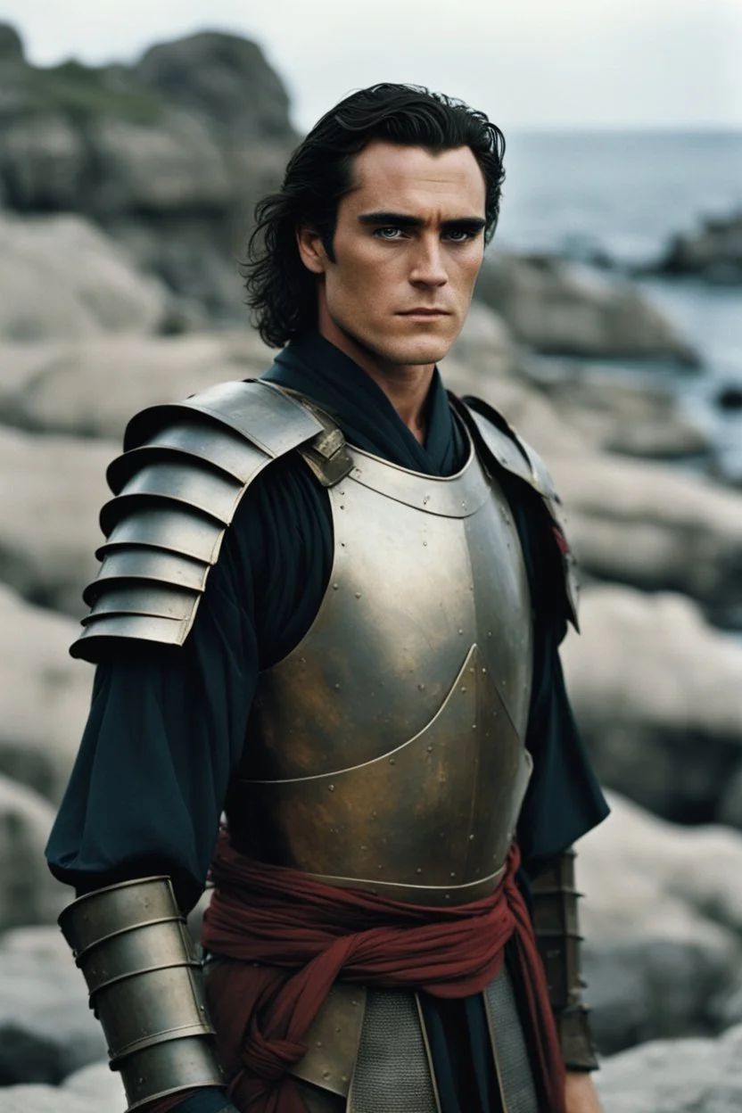 A portrait of Joaquin Phoenix from year 2000, beachy haircut, black hair, on a rocky island, in burnished medieval samurai armor, melancholic and dangerous facial expression