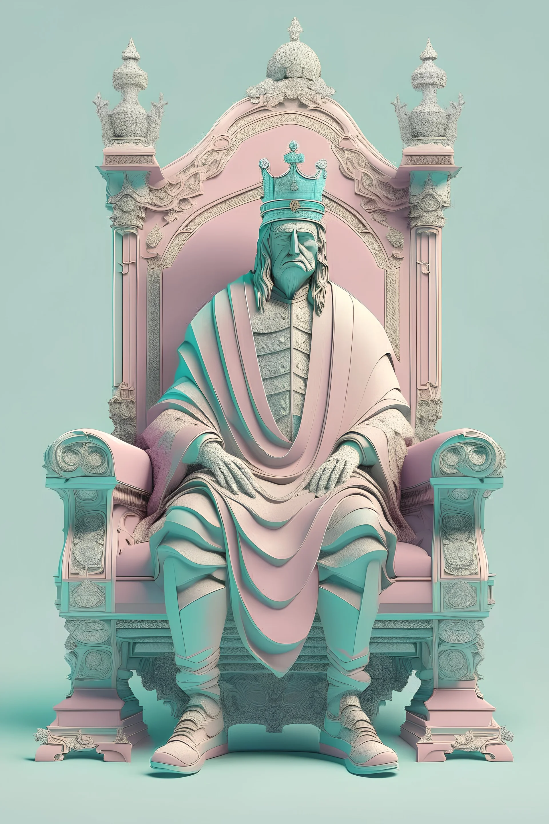 a sad royal king on a lonesome throne meticulous symmetry, employ a pastel color palette to evoke nostalgia, utilize slow-motion shots for emphasis, and embrace quirky, precisely choreographed movements within the frame.