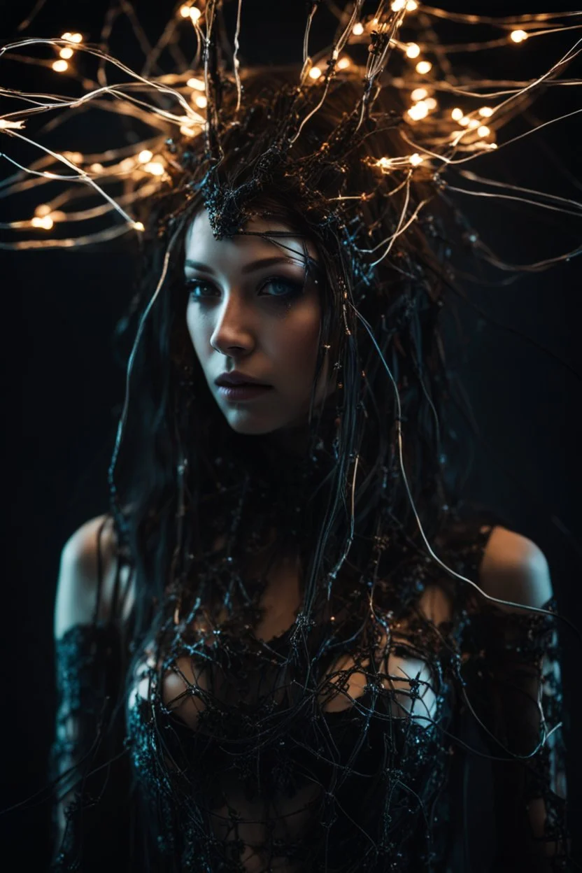 Demon girl, fullbody, creepy, horrifying, sinister, many wires connected to the head lumen lighting, led lights, sparks around her, sparks cybernetic,high lighting, intricate, 8k, macro photography,