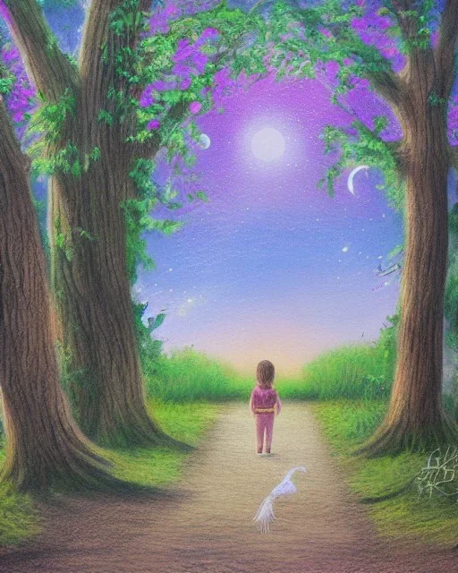 park mystical dream, park bench, man, woman, child, dog, trees, path, bird, sunshine, mystical, fantasy, romanticism, pastel colors, daylight, daytime, acrylic painting, detailed,