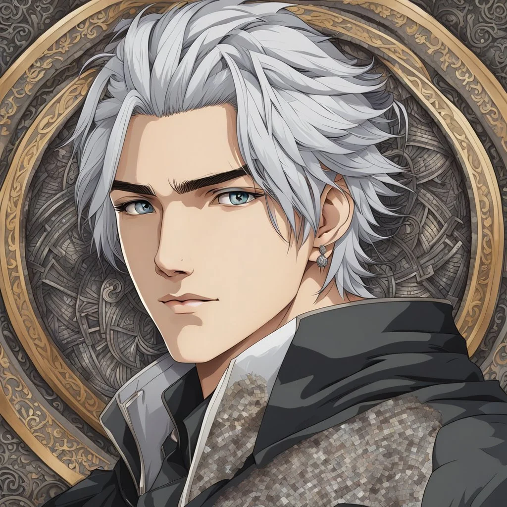 A stunningly detailed (((headshot portrait))), capturing the essence of a young man in his 20s with silver hair and piercing gray eyes, exuding a sense of confidence and protection, anime realism style, intricate mosaic backdrop