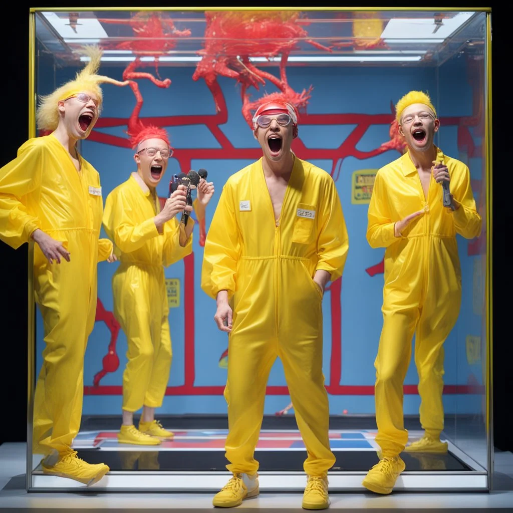 Dramatic television screen capture of wacky game show, hyperrealistic, nervous game show contestants in yellow plastic jump suits one blindfolded with two red push buttons in front of them on top of a glass box with an albino lizard in it, weird emcee on stilts laughing into a microphone, Japanese language datamoshing graphics, high shock value, artistic, oddball masterpiece, sfumato, dark humor, dynamic composition